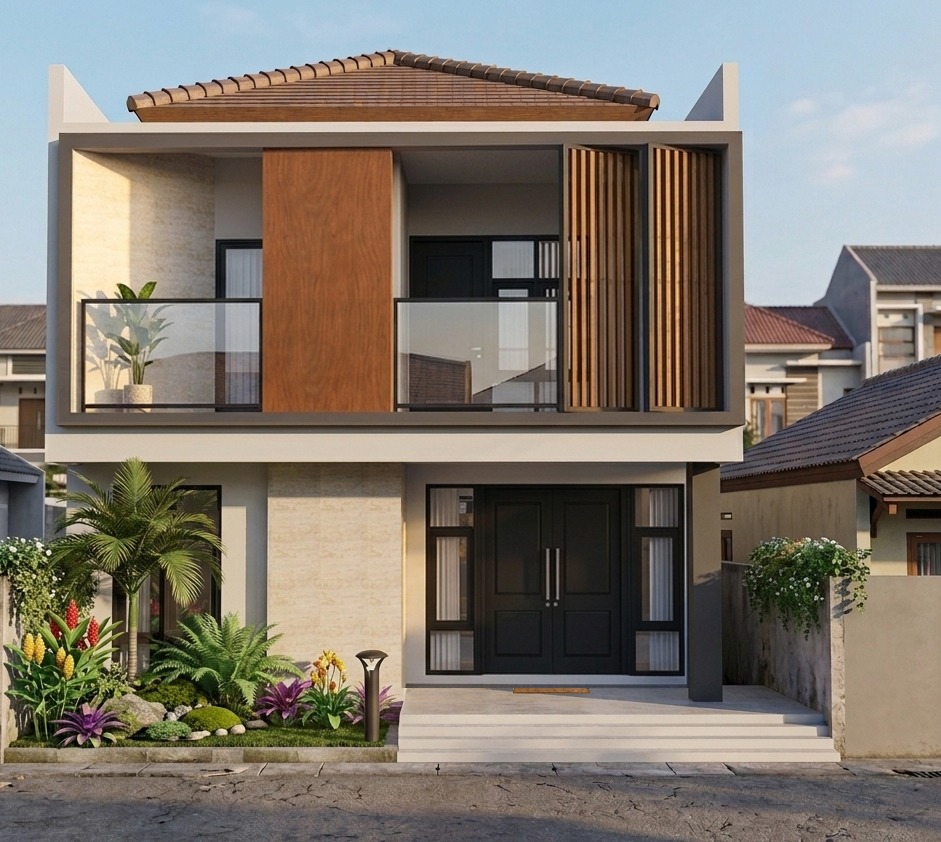 Eksterior rumah aksen kayu tropis